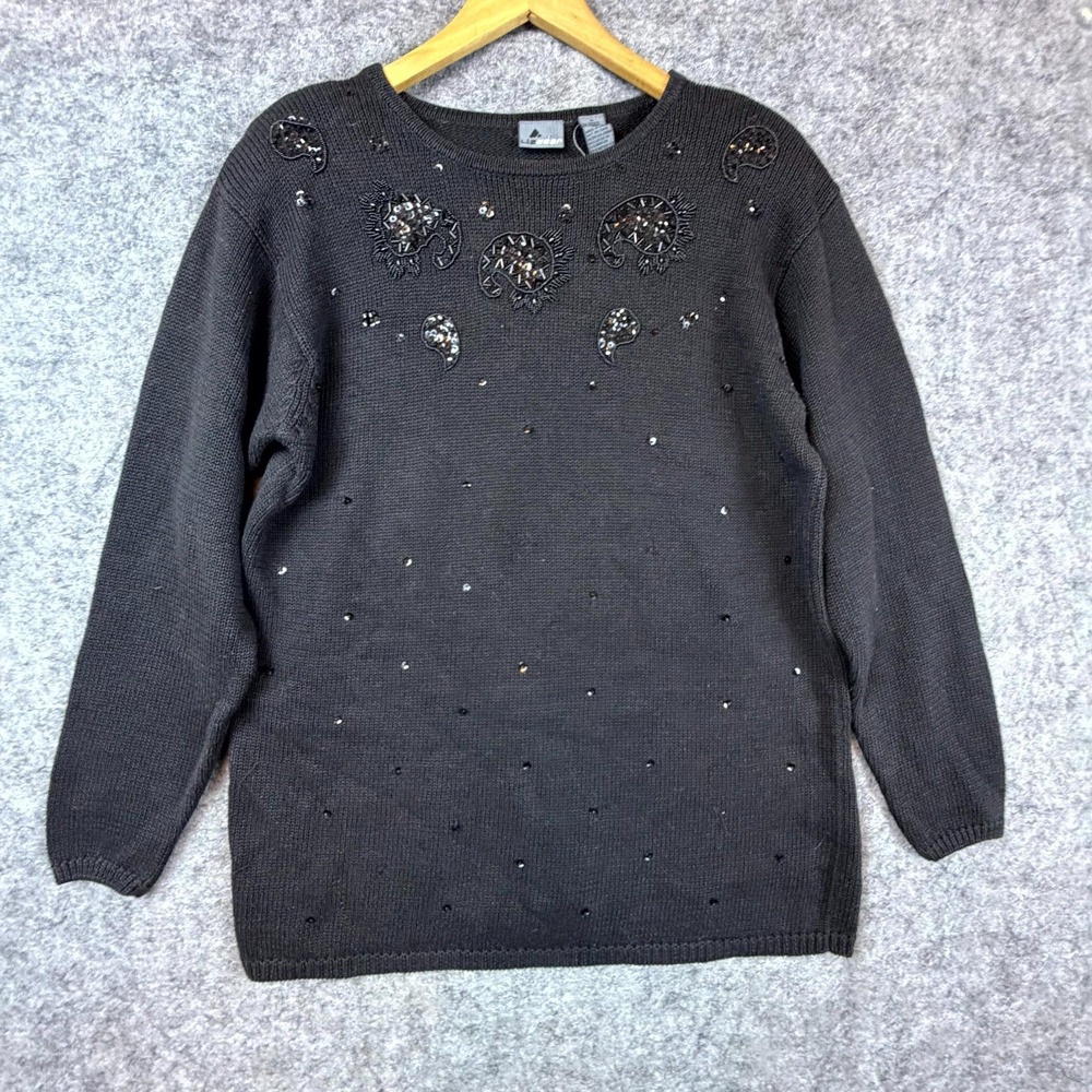 Vintage Liz Wear Sweater Womens Medium Black Embellished Beaded Evening Glam